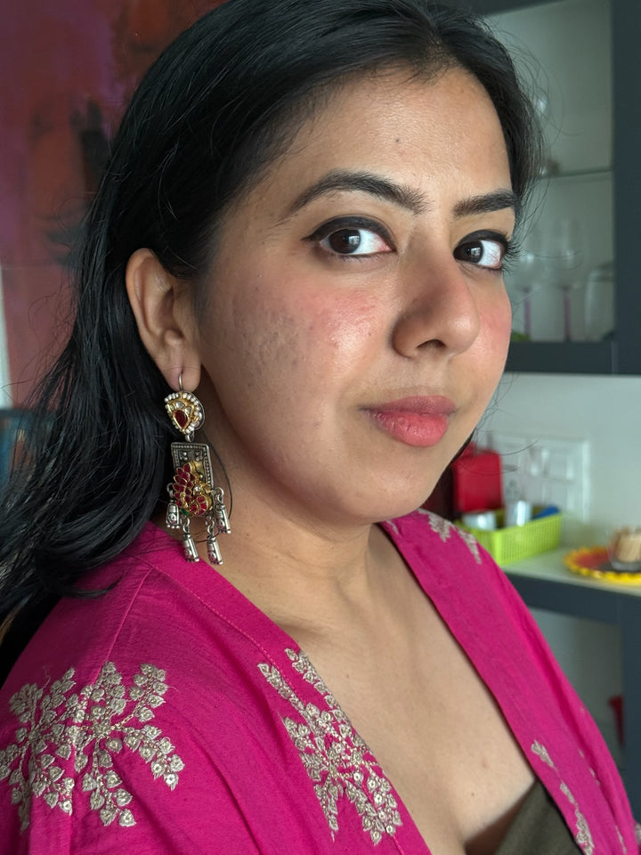 SHIVKA 925 Silver Peacock Fusion Earrings - Kundan