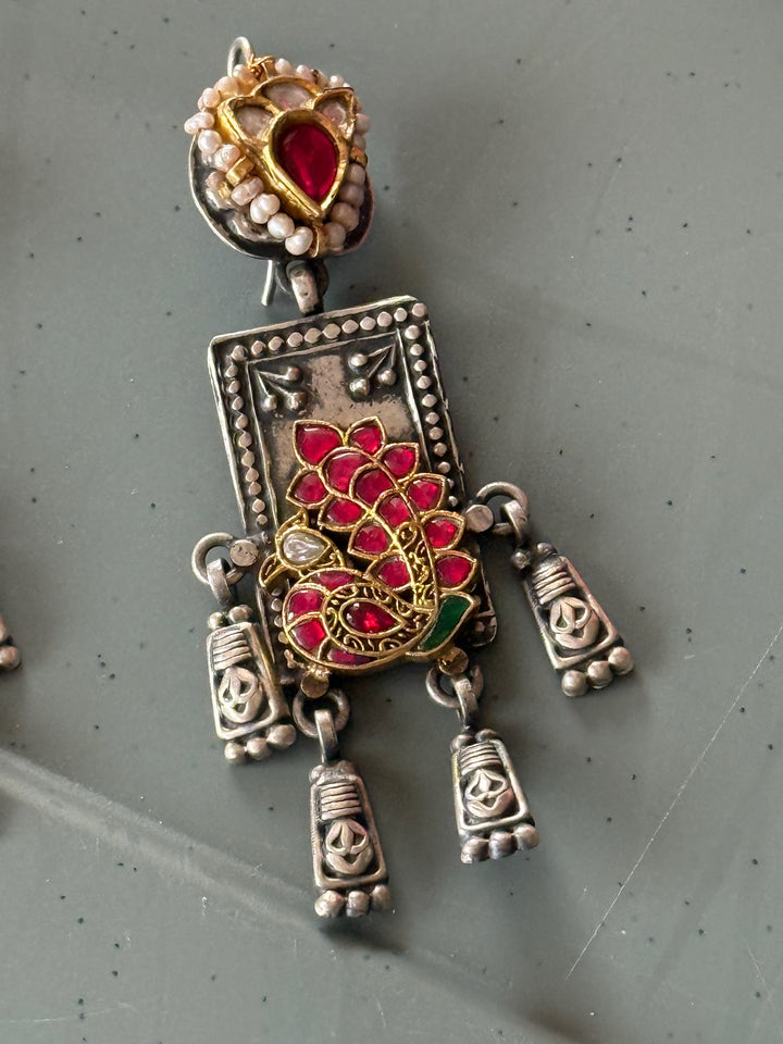 SHIVKA 925 Silver Peacock Fusion Earrings - Kundan