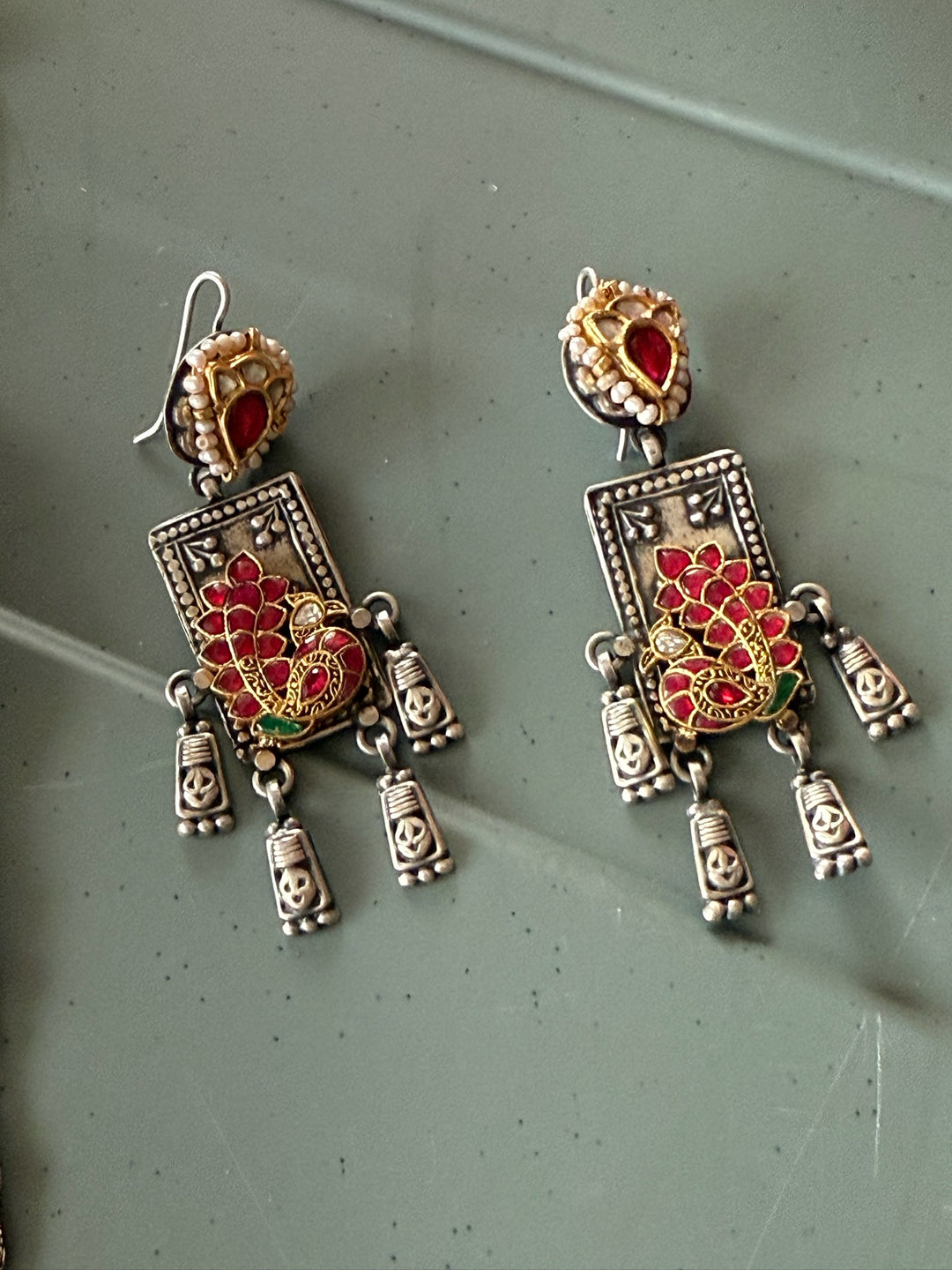 SHIVKA 925 Silver Peacock Fusion Earrings - Kundan