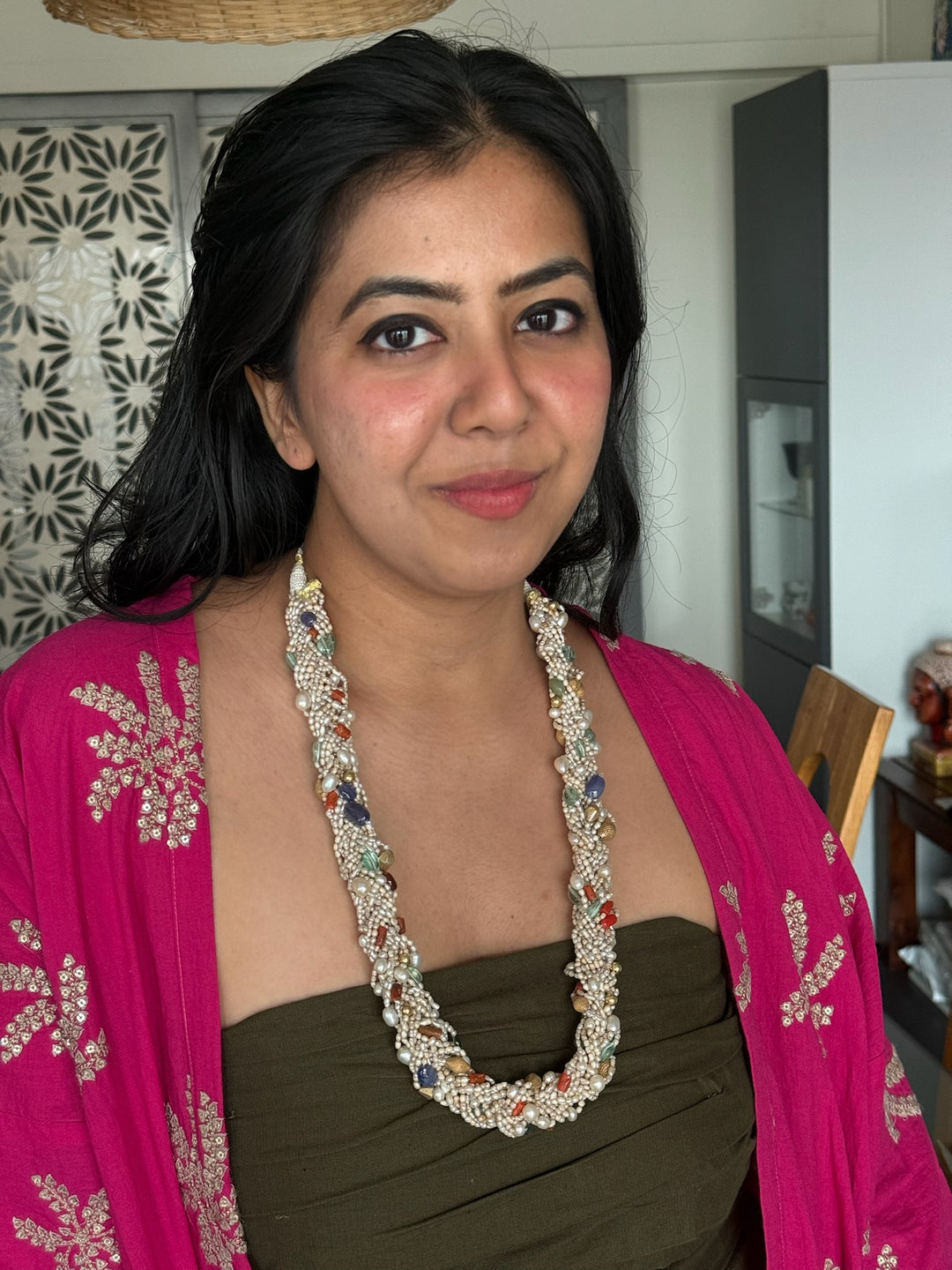 Handmade Multi-Color Real Gemstone & Pearl 925 Silver Fusion Necklace by SHIVKA