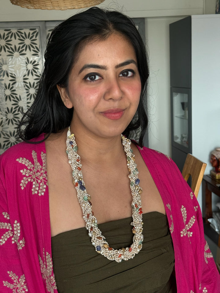 Handmade Multi-Color Real Gemstone & Pearl 925 Silver Fusion Necklace by SHIVKA