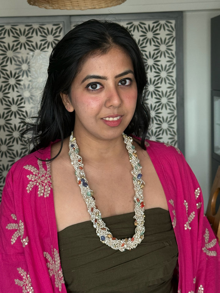 Handmade Multi-Color Real Gemstone & Pearl 925 Silver Fusion Necklace by SHIVKA