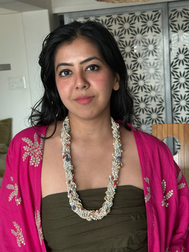 Handmade Multi-Color Real Gemstone & Pearl 925 Silver Fusion Necklace by SHIVKA