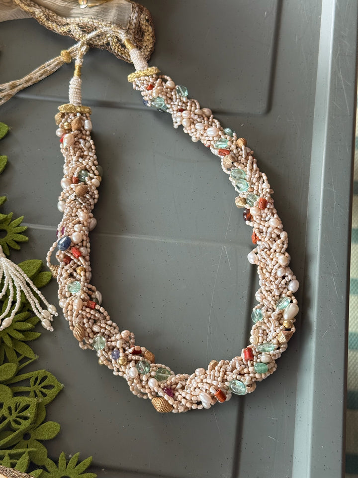 Handmade Multi-Color Real Gemstone & Pearl 925 Silver Fusion Necklace by SHIVKA