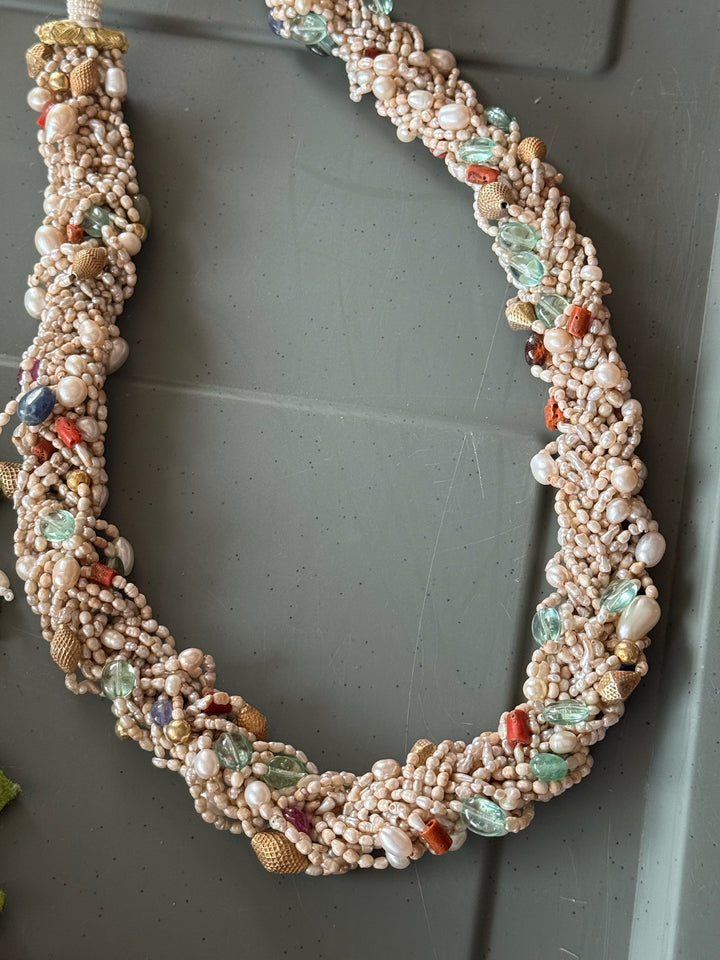 Handmade Multi-Color Real Gemstone & Pearl 925 Silver Fusion Necklace by SHIVKA