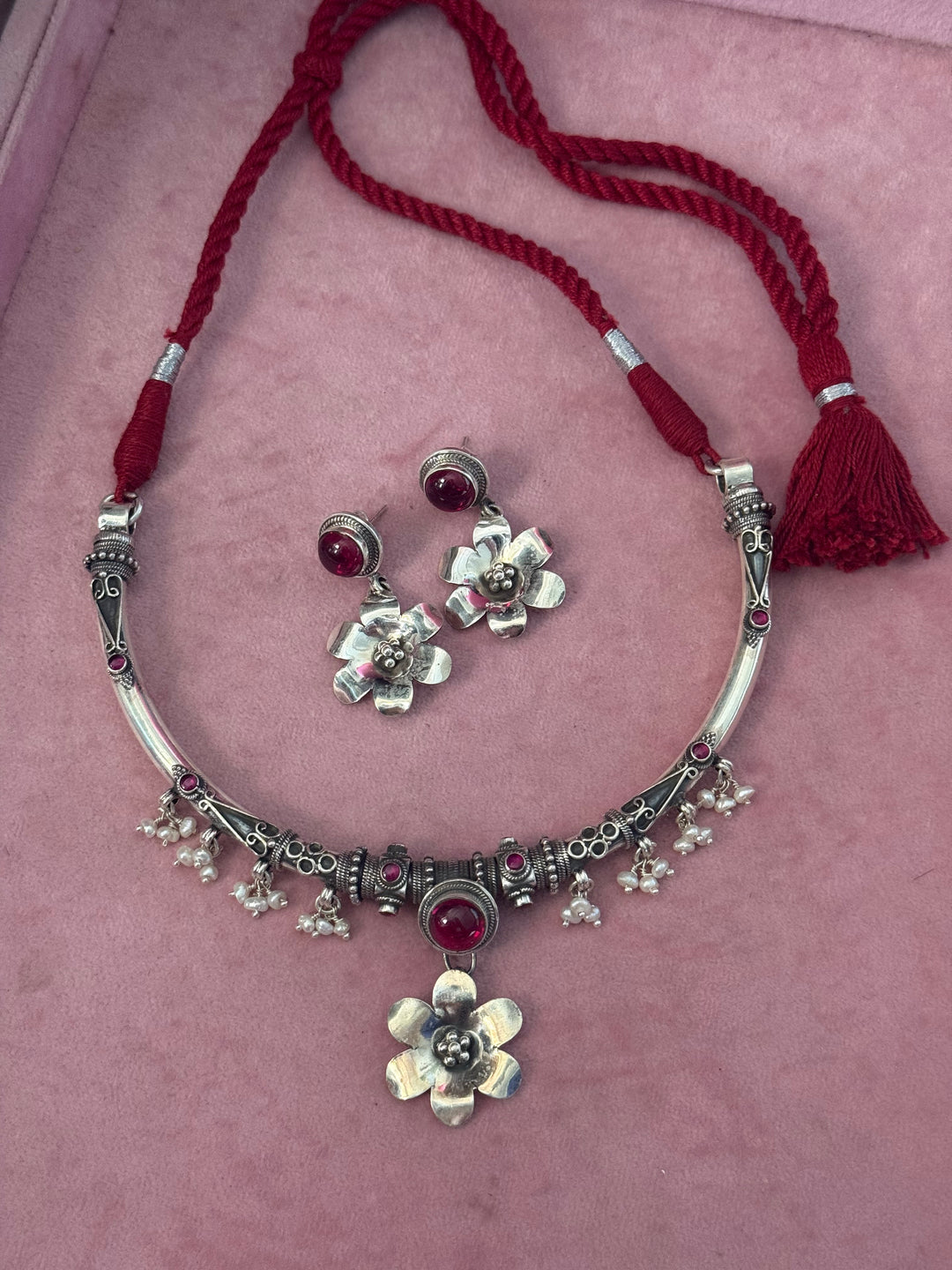Handmade 925 Silver Flower Hasli Necklace Set | SHIVKA