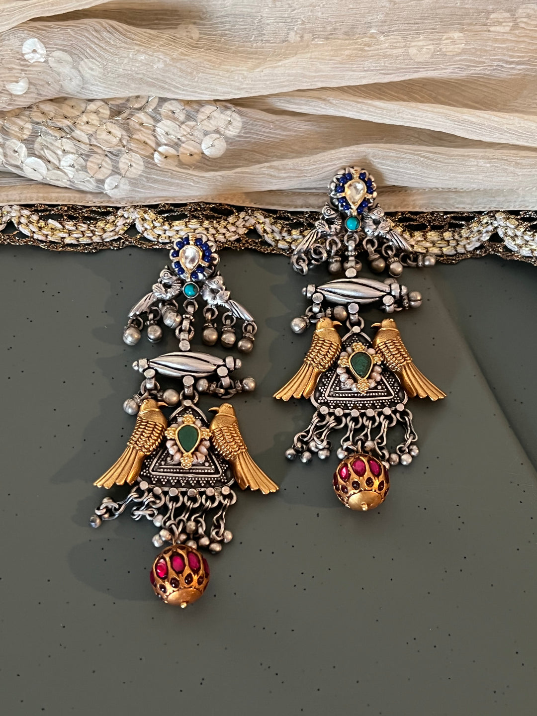 Statement 925 Silver Earrings with Golden Bird Design & Kundan Work Ball Hanging - Handmade