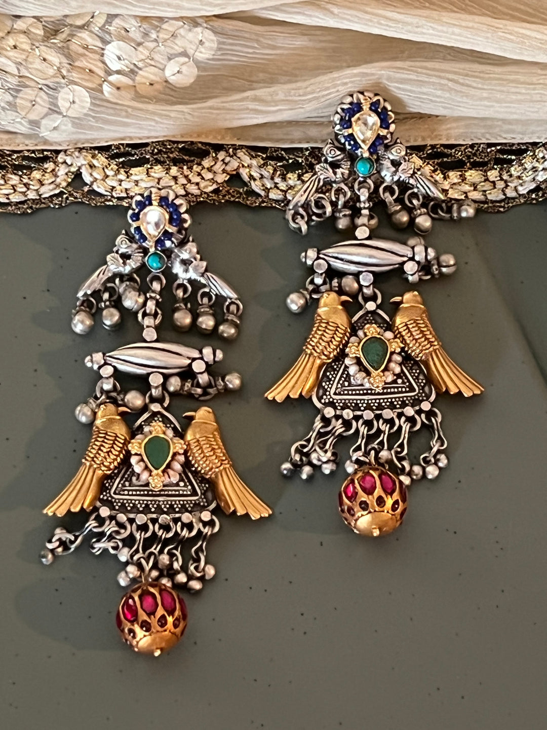 Statement 925 Silver Earrings with Golden Bird Design & Kundan Work Ball Hanging - Handmade