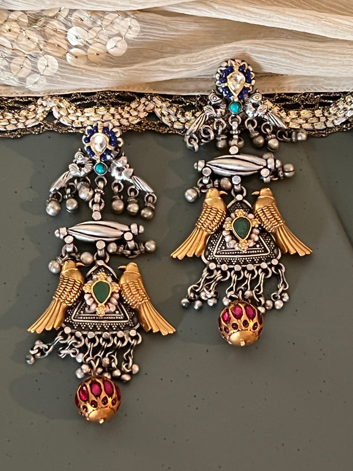 Statement 925 Silver Earrings with Golden Bird Design & Kundan Work Ball Hanging - Handmade