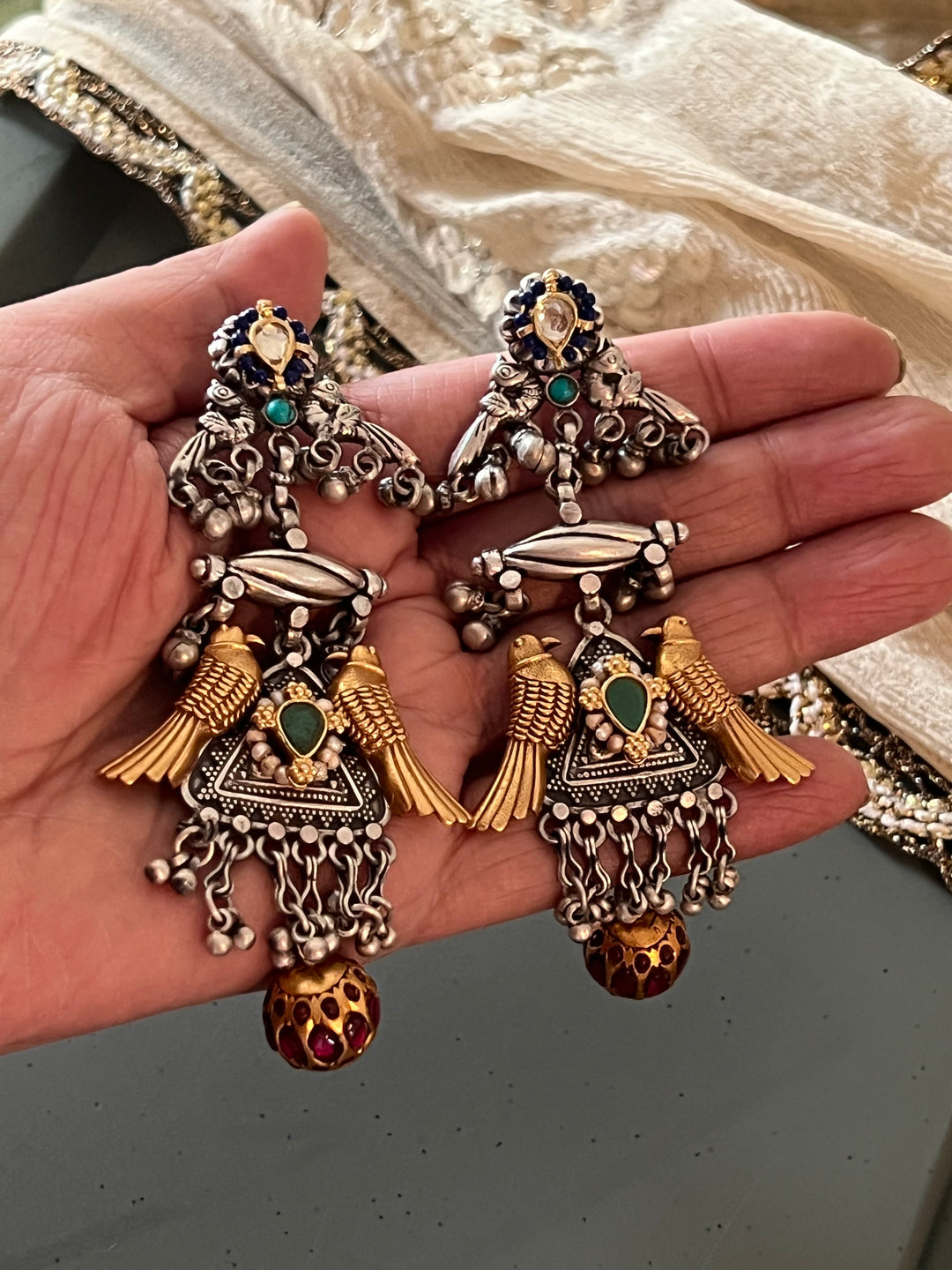 Statement 925 Silver Earrings with Golden Bird Design & Kundan Work Ball Hanging - Handmade