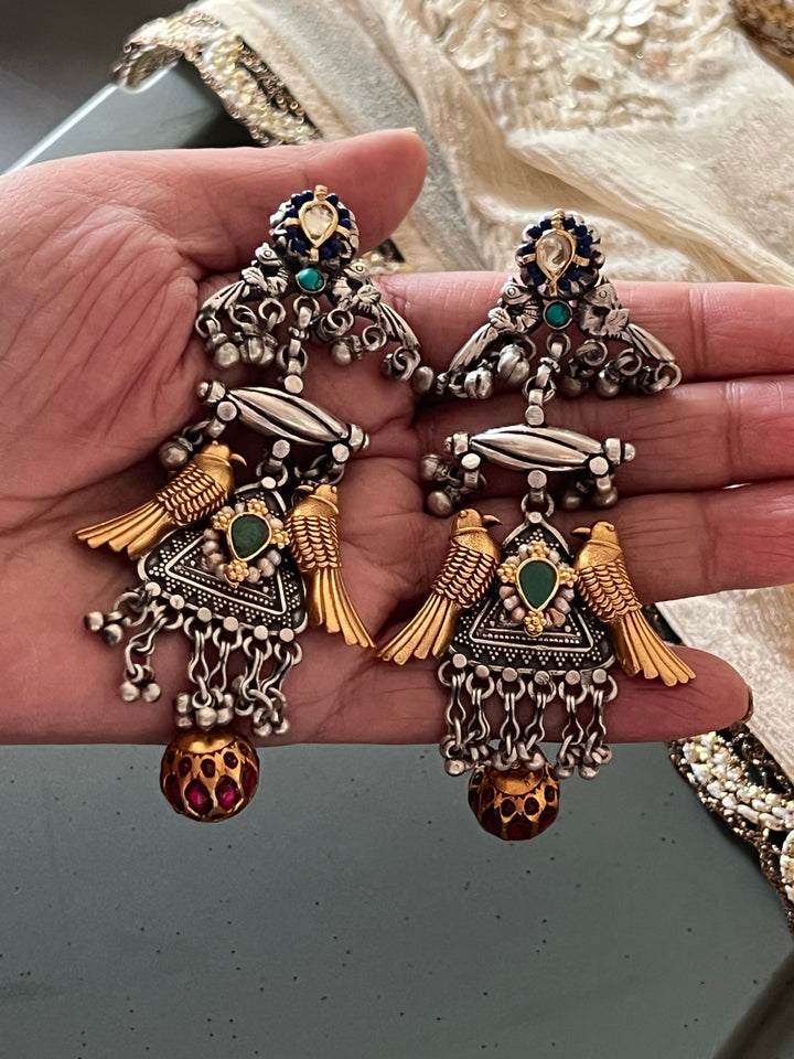 Statement 925 Silver Earrings with Golden Bird Design & Kundan Work Ball Hanging - Handmade