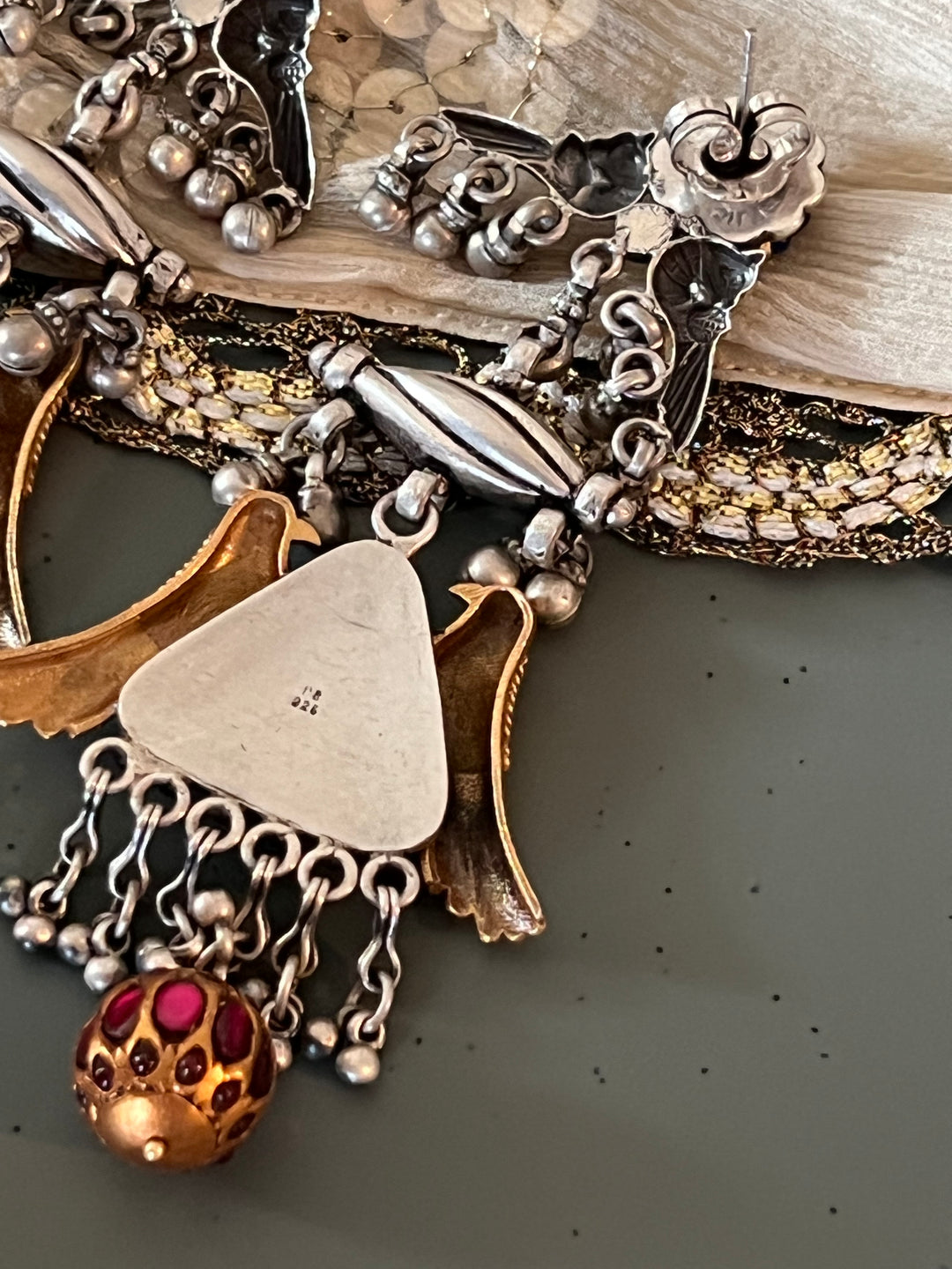 Statement 925 Silver Earrings with Golden Bird Design & Kundan Work Ball Hanging - Handmade