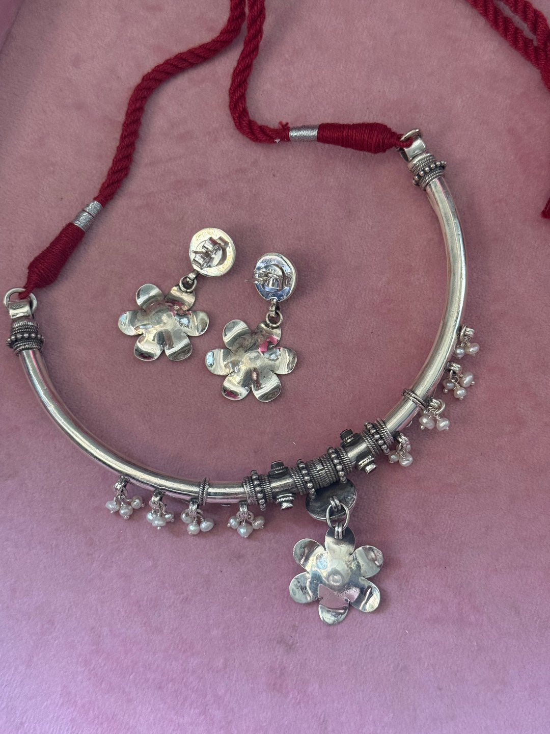 Handmade 925 Silver Flower Hasli Necklace Set | SHIVKA