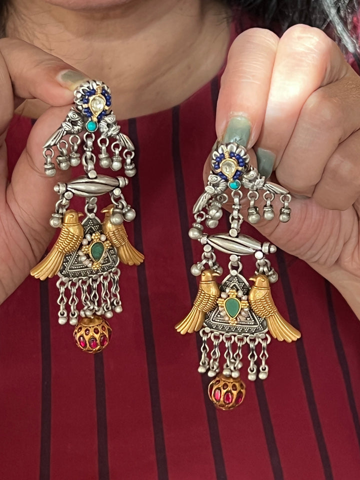 Statement 925 Silver Earrings with Golden Bird Design & Kundan Work Ball Hanging - Handmade
