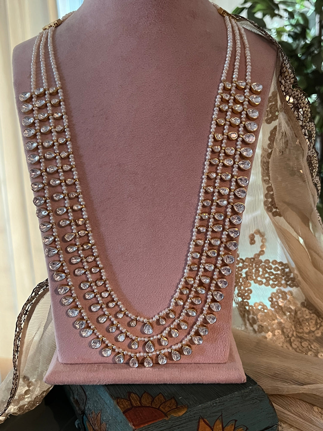 Three-Layered Kundan Freshwater Pearls 925 Silver Necklace