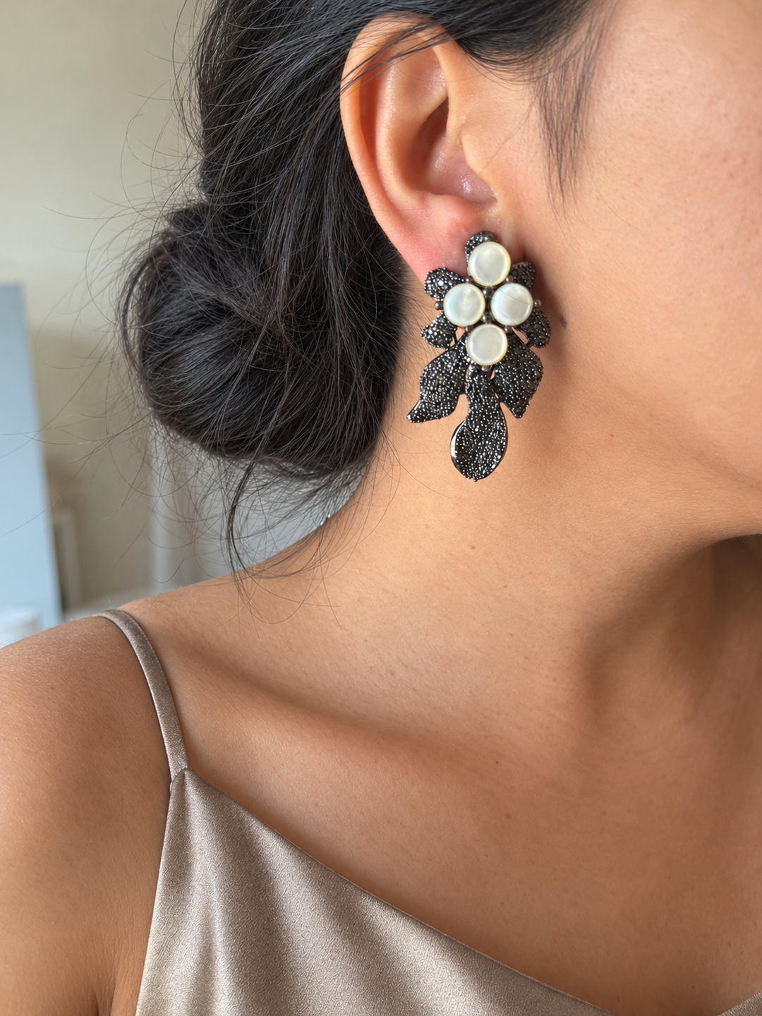 Black Doublet Mother of Pearl Autumn Leaf Earrings