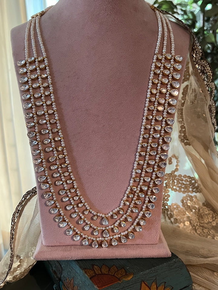 Three-Layered Kundan Freshwater Pearls 925 Silver Necklace