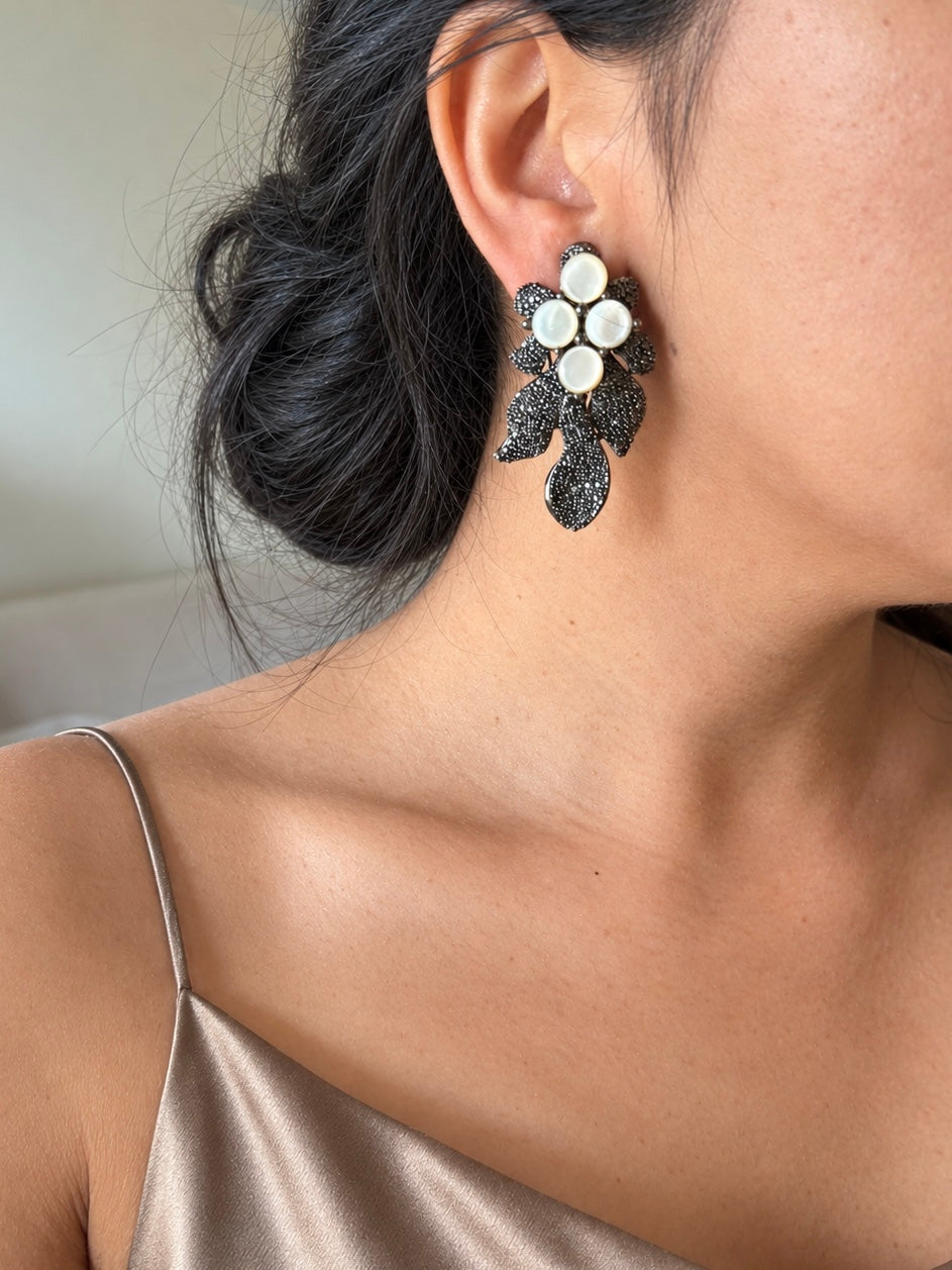 Black Doublet Mother of Pearl Autumn Leaf Earrings