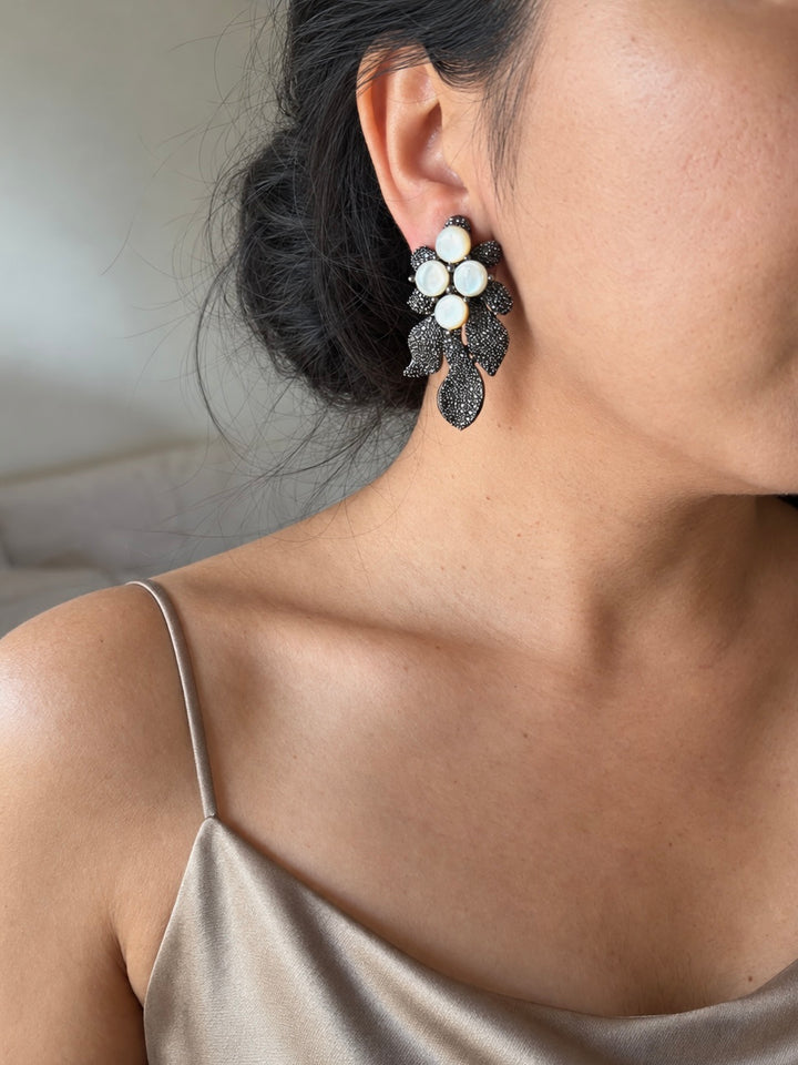 Black Doublet Mother of Pearl Autumn Leaf Earrings