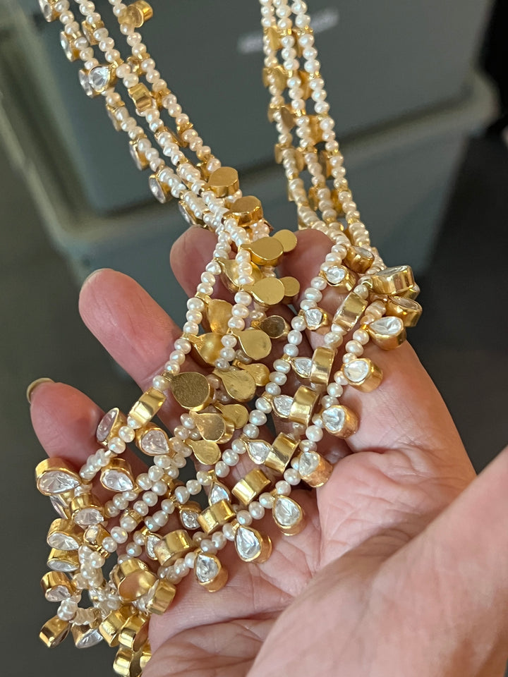 Three-Layered Kundan Freshwater Pearls 925 Silver Necklace