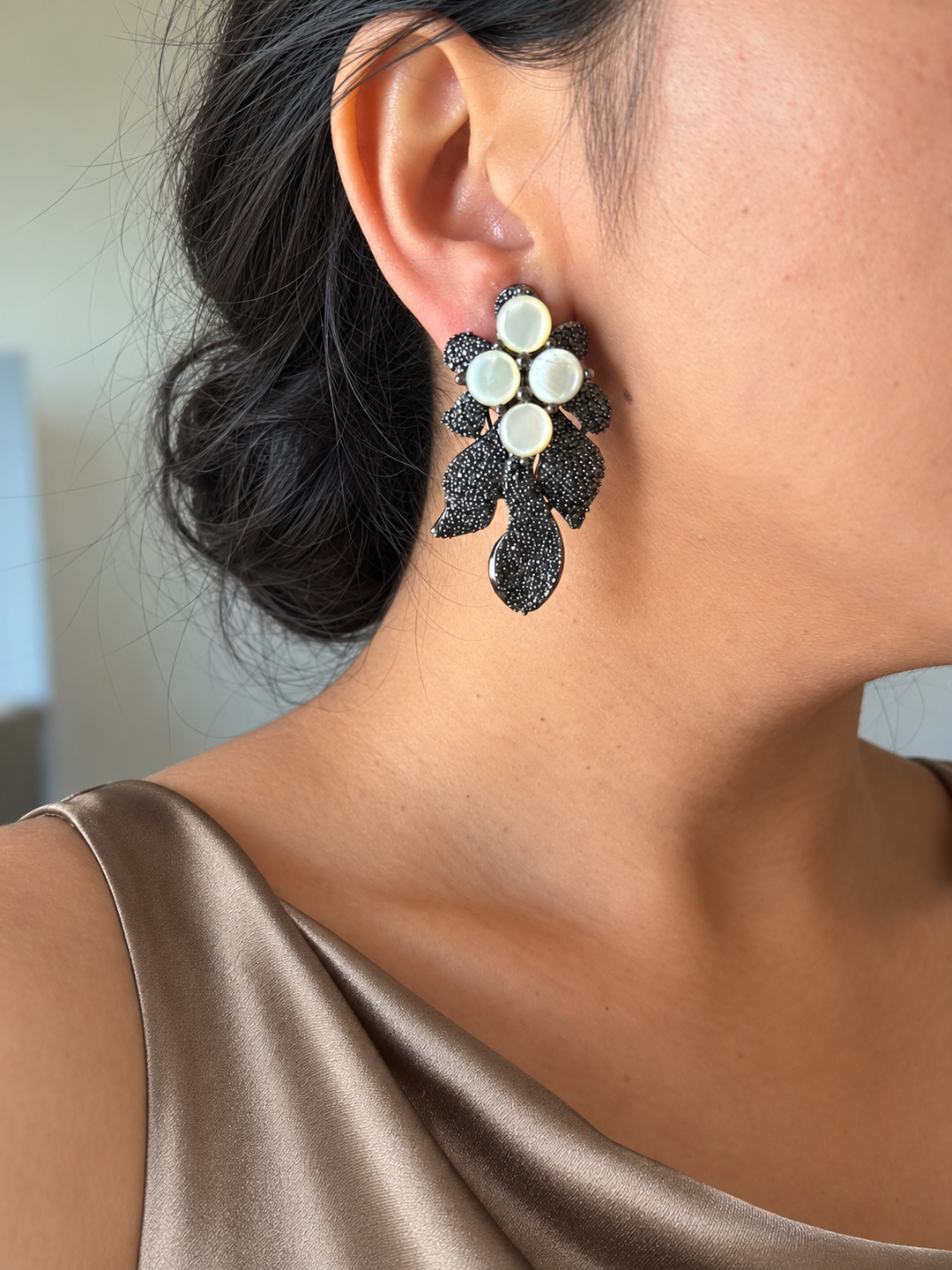 Black Doublet Mother of Pearl Autumn Leaf Earrings