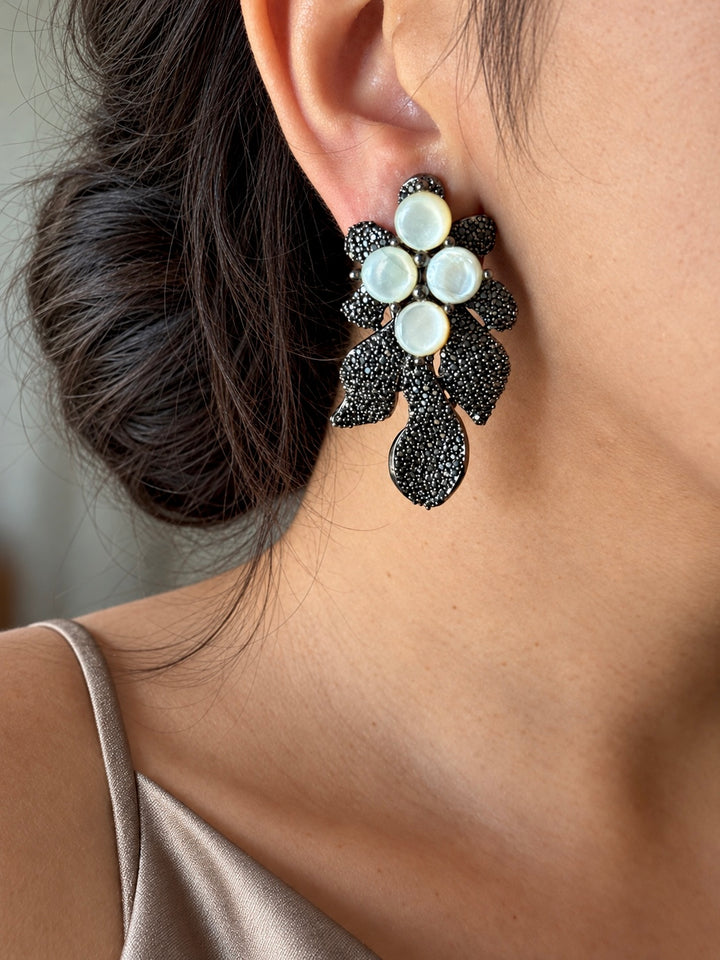 Black Doublet Mother of Pearl Autumn Leaf Earrings