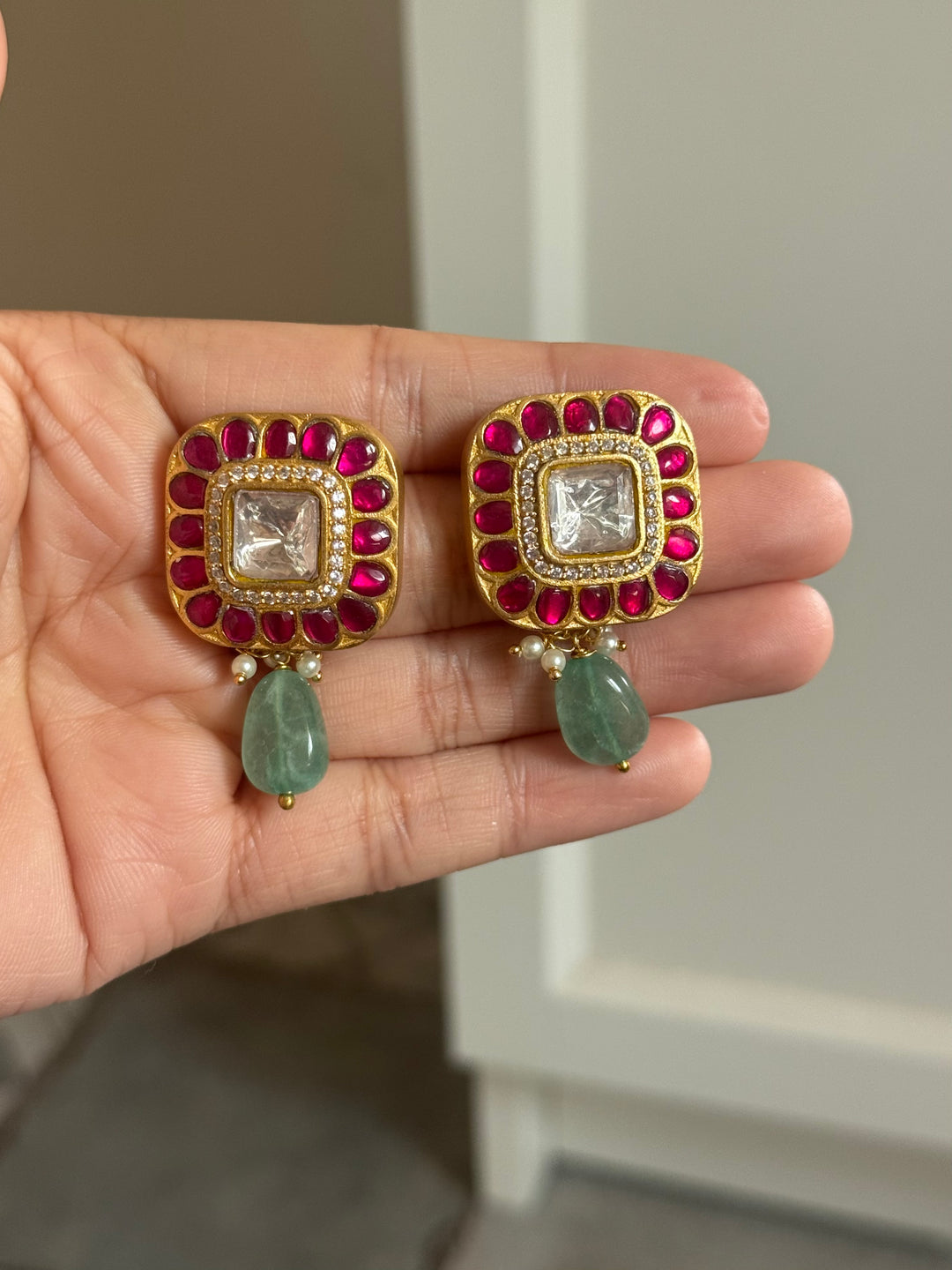 Elegant Ruby Polki Kundan 925 Silver Earrings