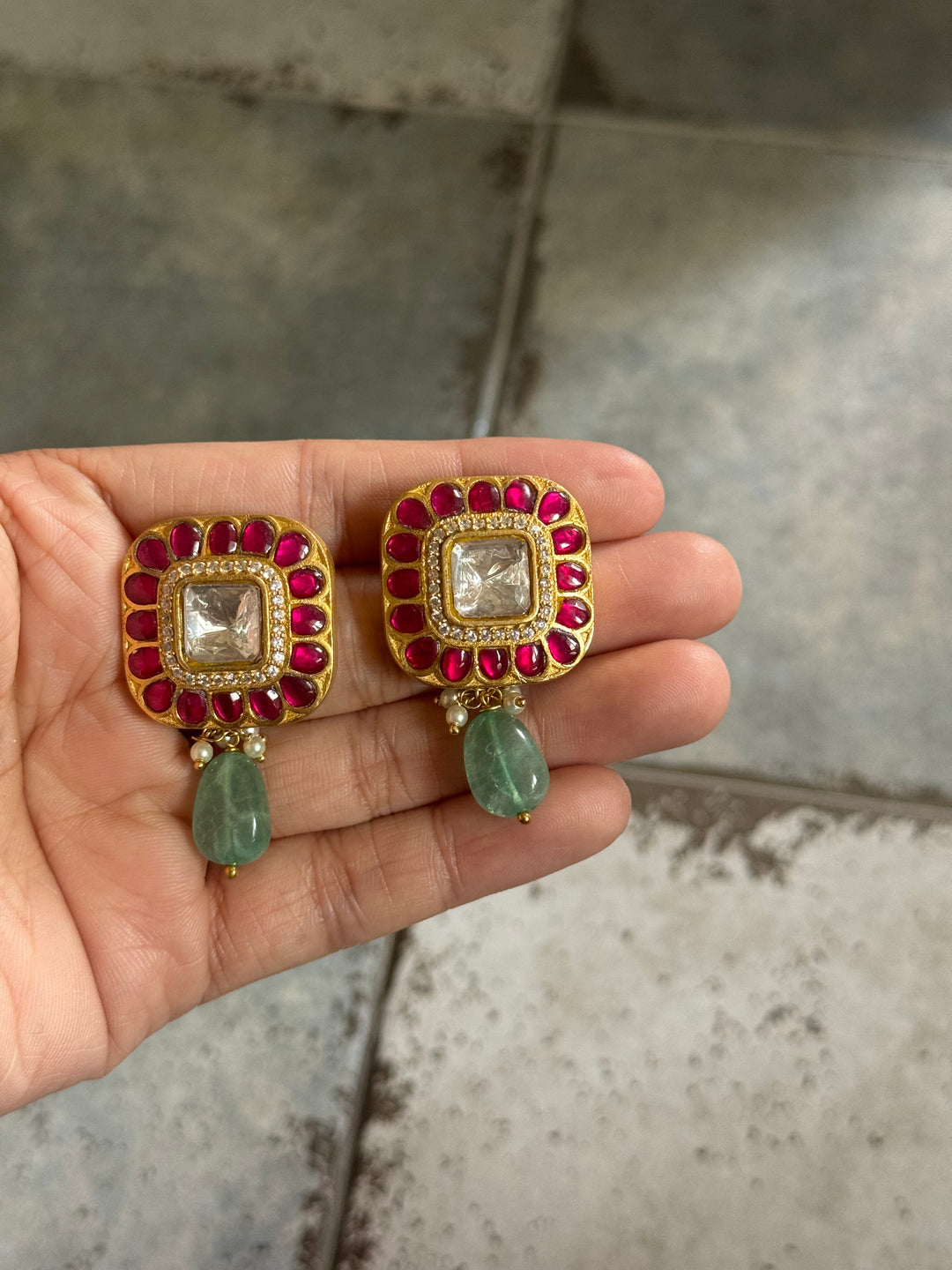 Elegant Ruby Polki Kundan 925 Silver Earrings