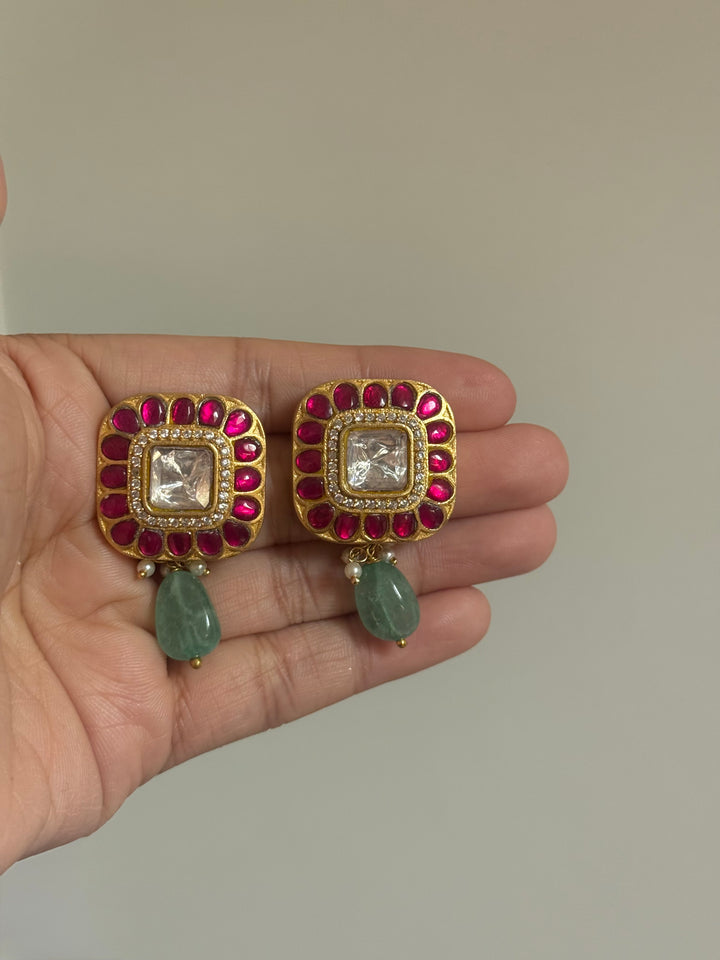 Elegant Ruby Polki Kundan 925 Silver Earrings