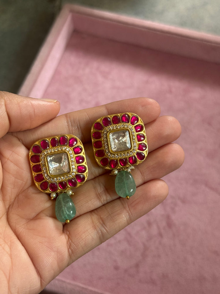 Elegant Ruby Polki Kundan 925 Silver Earrings