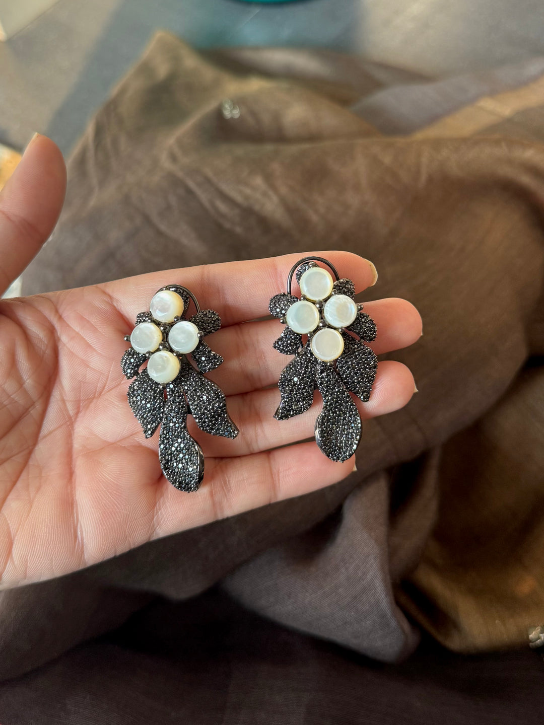 Black Doublet Mother of Pearl Autumn Leaf Earrings