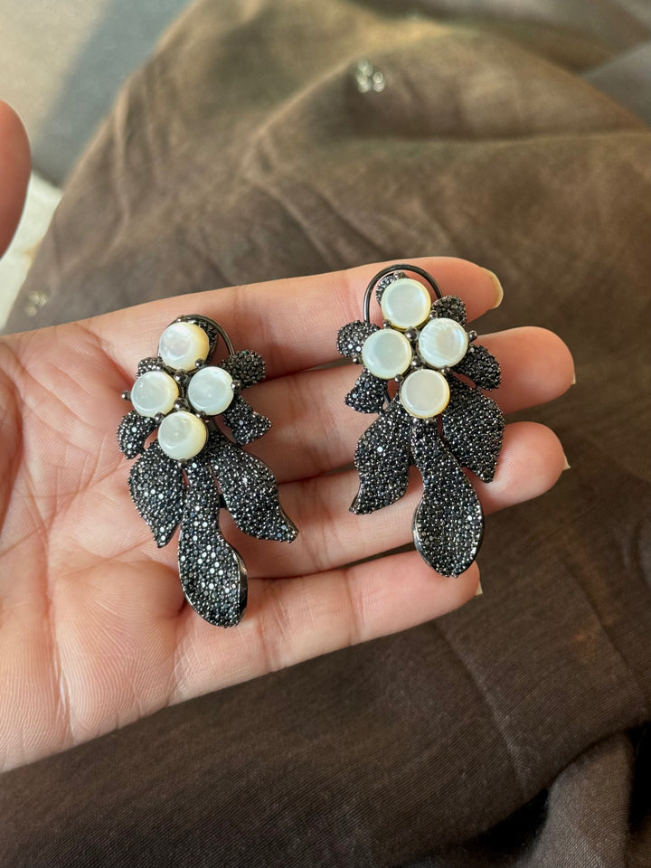 Black Doublet Mother of Pearl Autumn Leaf Earrings