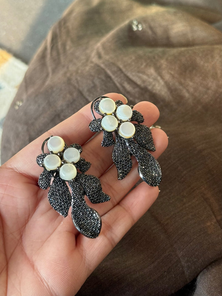 Black Doublet Mother of Pearl Autumn Leaf Earrings