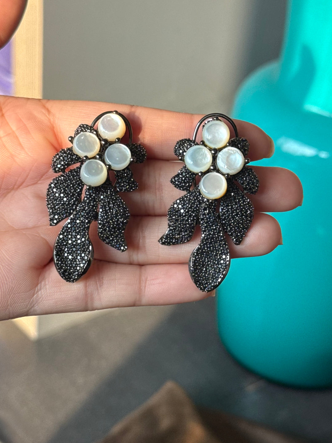 Black Doublet Mother of Pearl Autumn Leaf Earrings