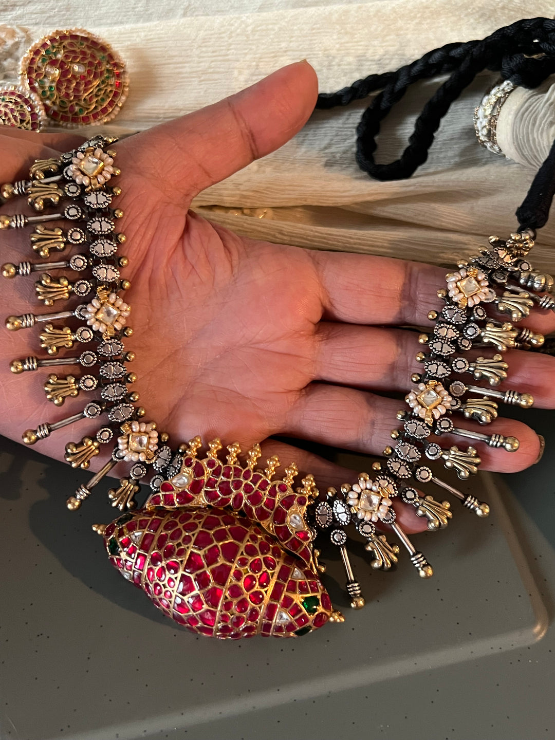 Beautiful Dholki Design Freshwater Pearls 925 Silver Necklace Set