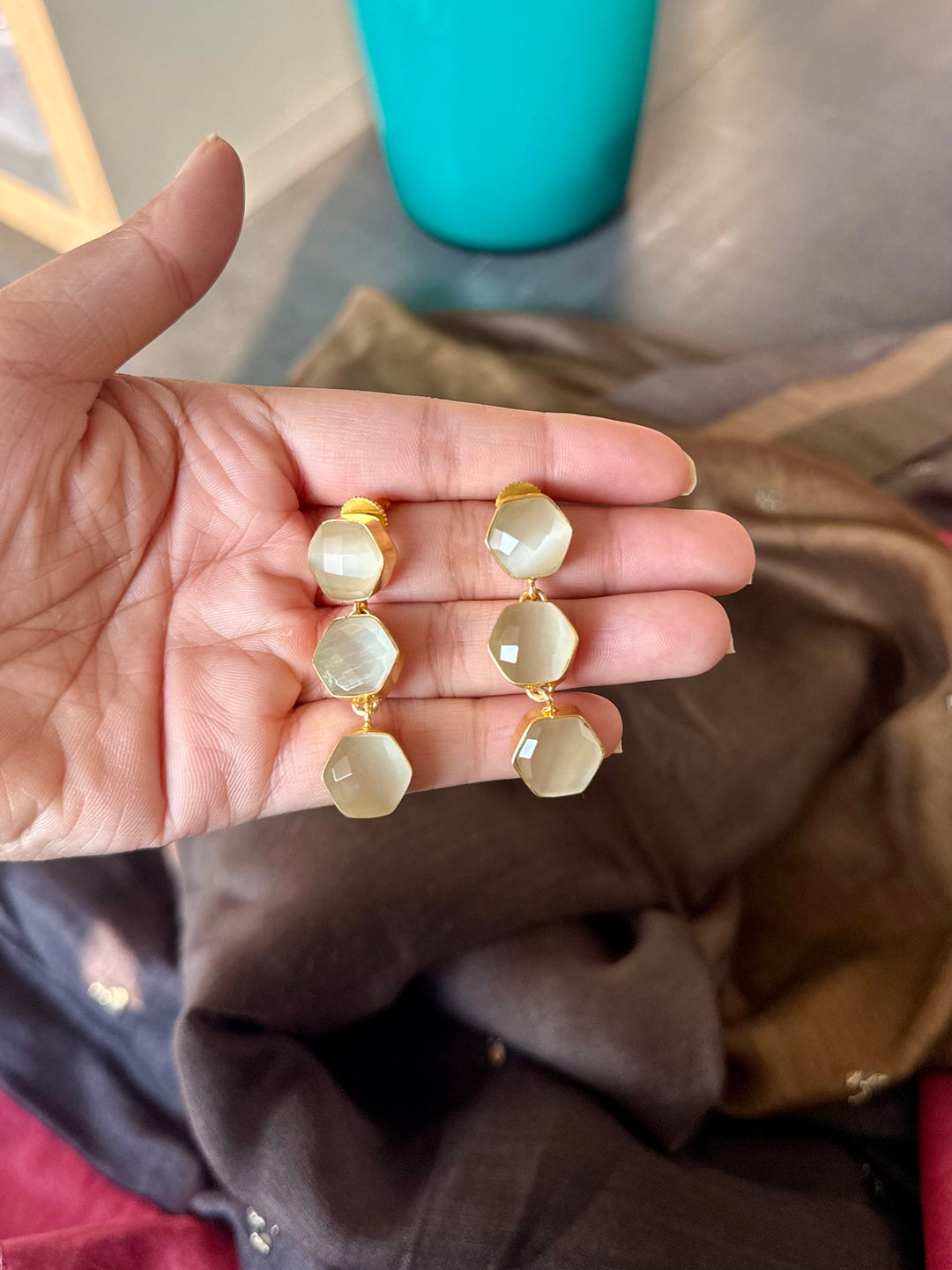 White Hydro Quartz Three Tier Drop Earrings