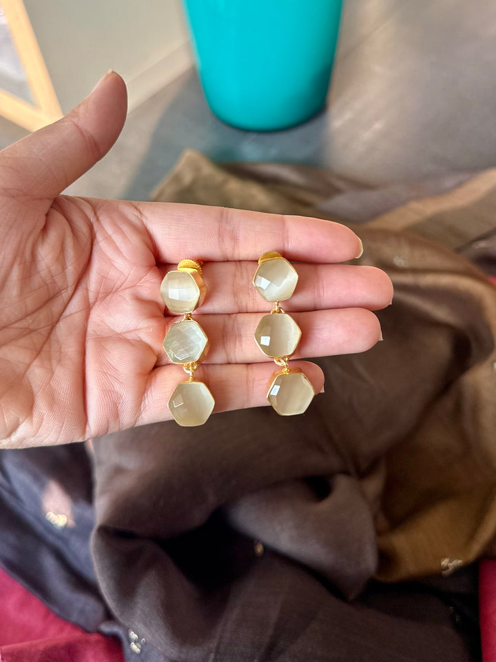 White Hydro Quartz Three Tier Drop Earrings