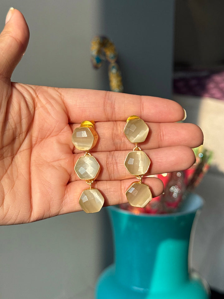 White Hydro Quartz Three Tier Drop Earrings