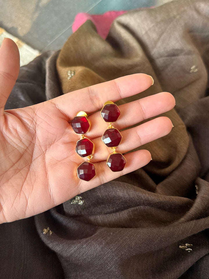 Garnet Hydro Quartz Three Tier Drop Earrings