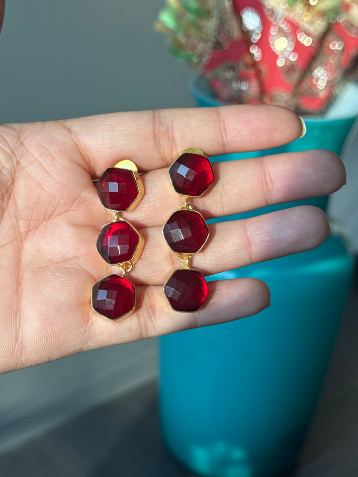 Garnet Hydro Quartz Three Tier Drop Earrings