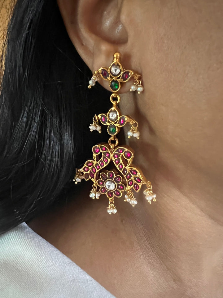 Kempu 925 Silver Earrings with Peacock Design