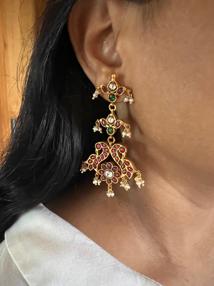 Kempu 925 Silver Earrings with Peacock Design