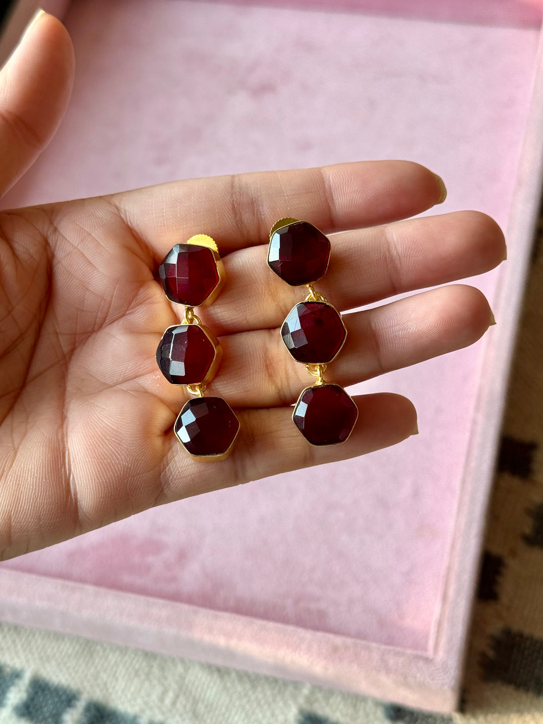 Garnet Hydro Quartz Three Tier Drop Earrings