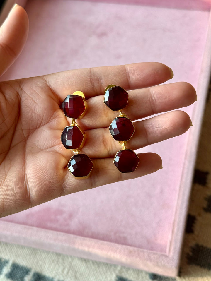 Garnet Hydro Quartz Three Tier Drop Earrings