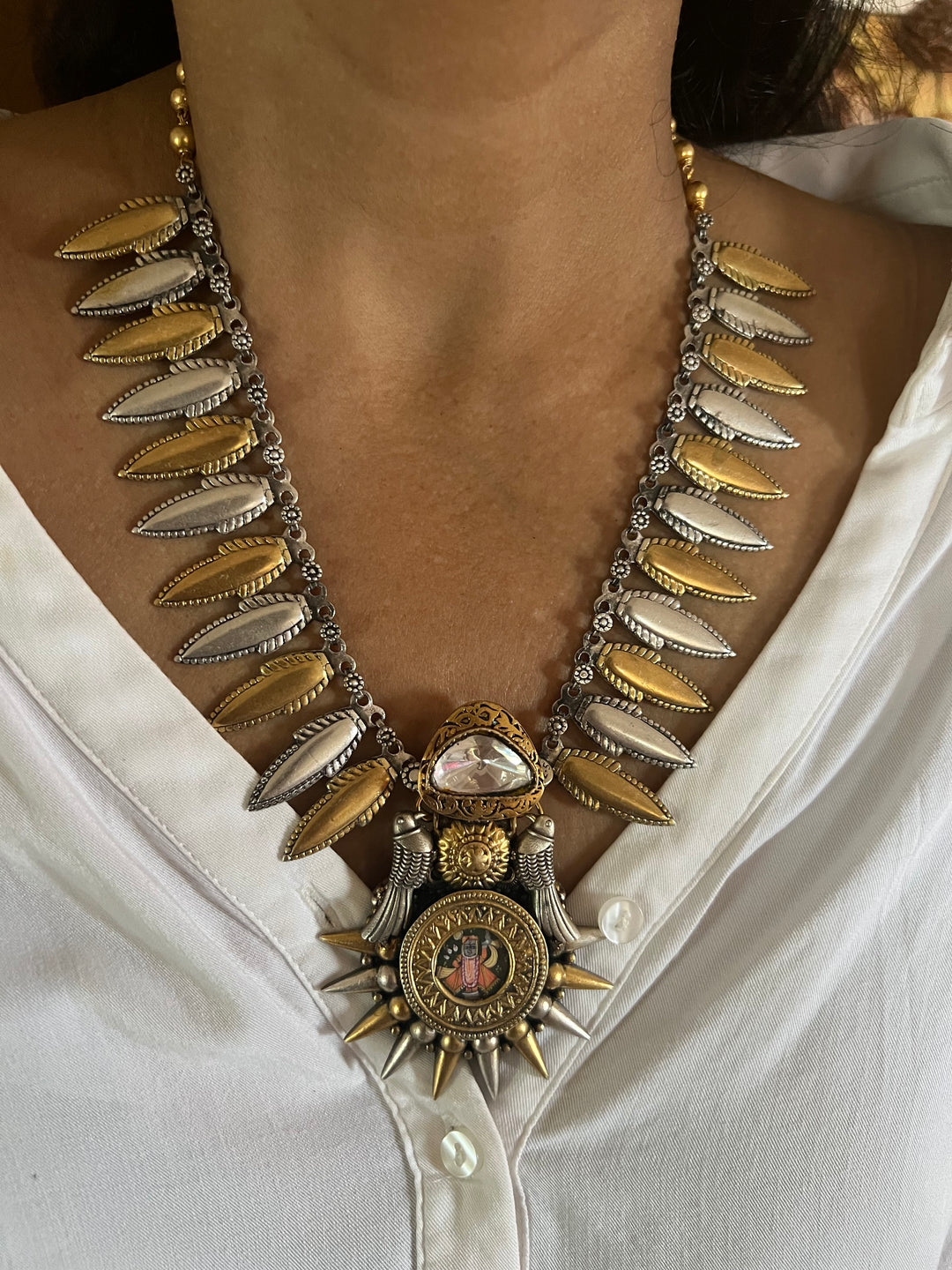 Hand painted Lord Srinathji 925 Silver Necklace with Twin Bird Design