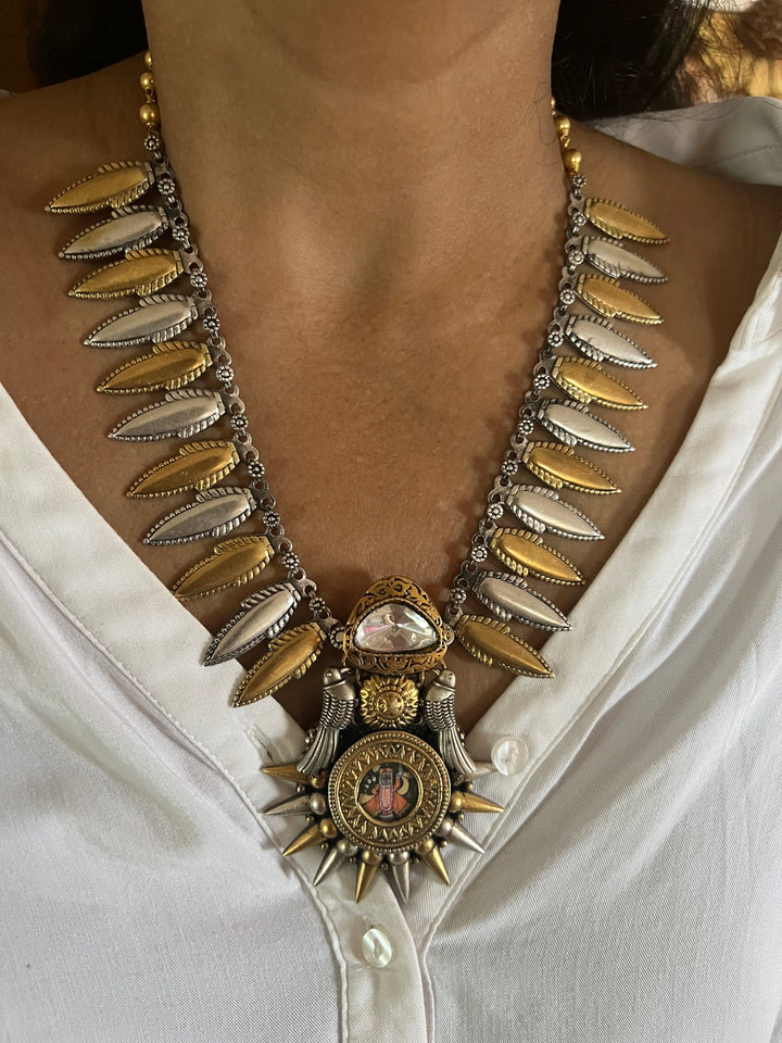 Hand painted Lord Srinathji 925 Silver Necklace with Twin Bird Design