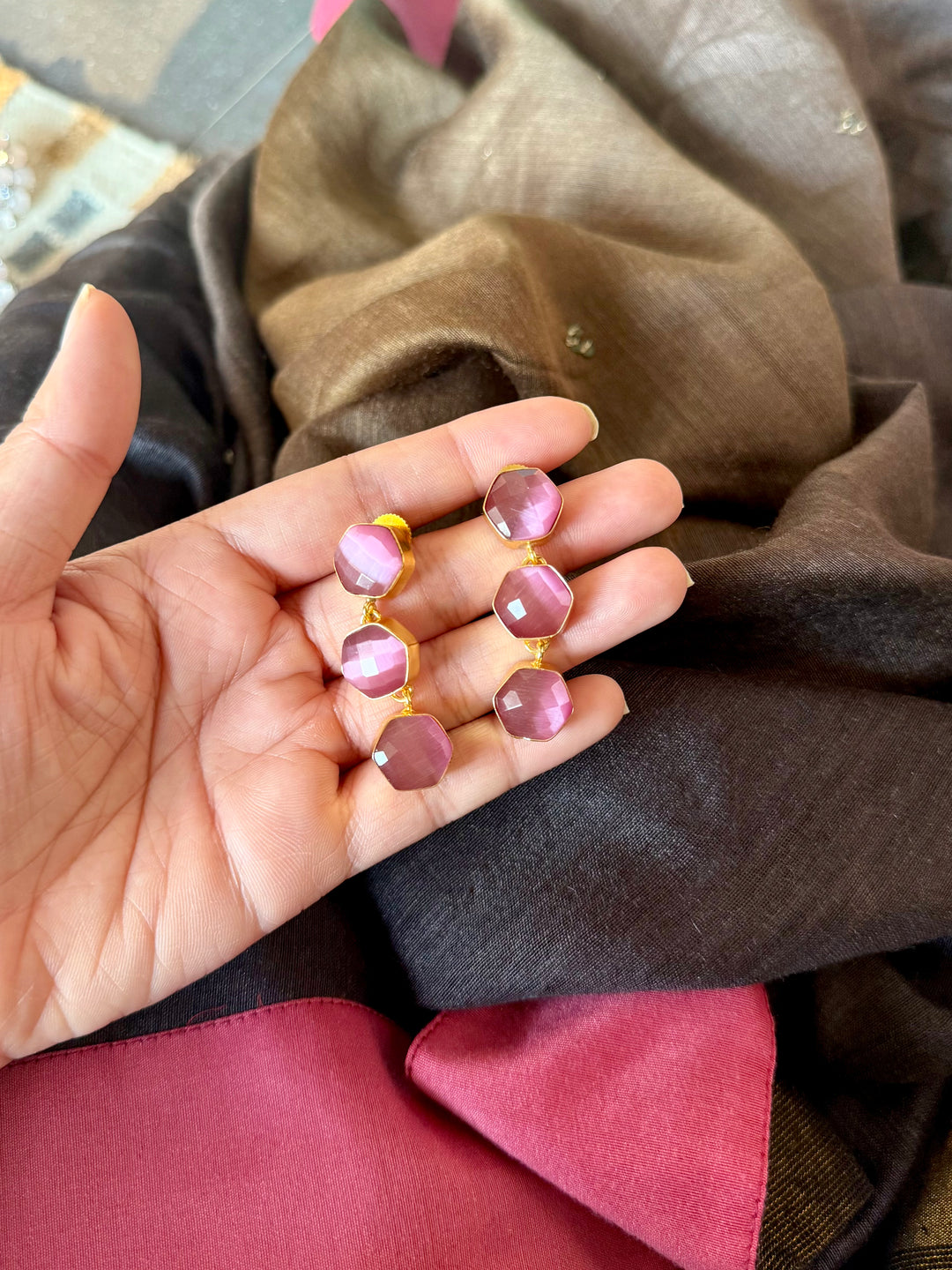 Pink Hydro Quartz Three Tier Drop Earrings