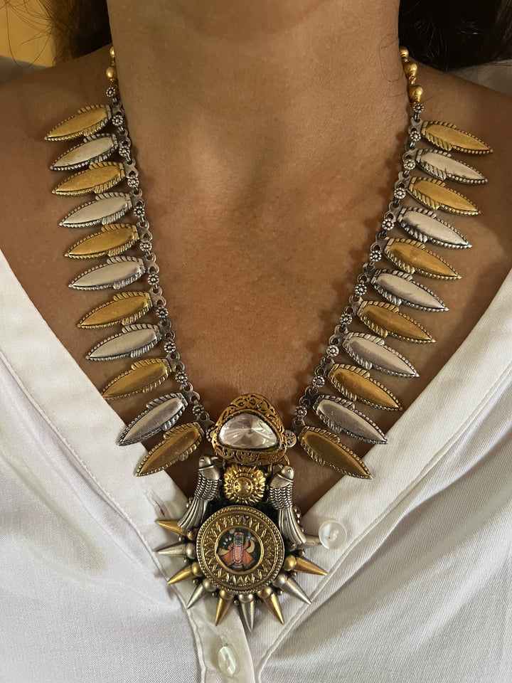 Hand painted Lord Srinathji 925 Silver Necklace with Twin Bird Design