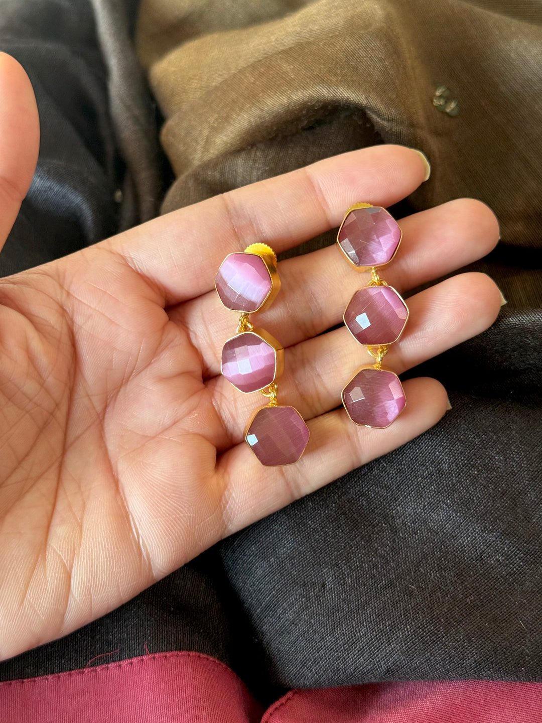 Pink Hydro Quartz Three Tier Drop Earrings