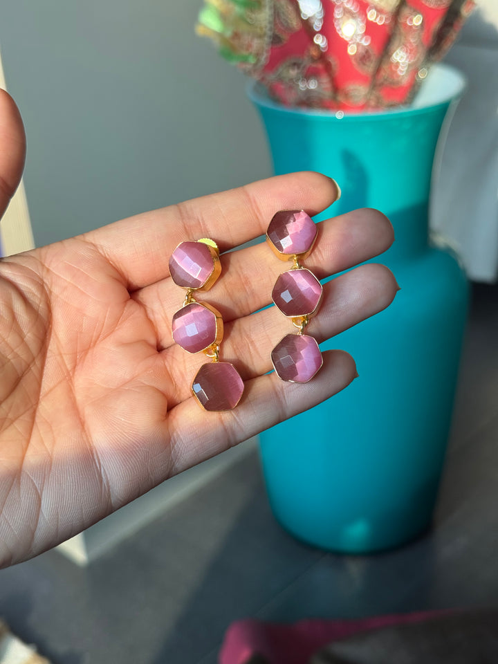 Pink Hydro Quartz Three Tier Drop Earrings